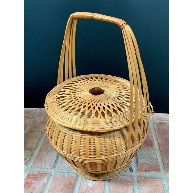 1970s Chinese Bamboo & Rattan Lidded Basket For Sale - Image 10 of 10