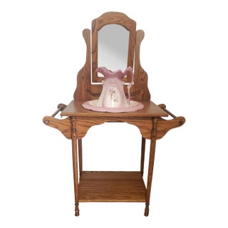 1890 English Ironstone Basin and Pitcher on Mirrored Oak Washstand For Sale