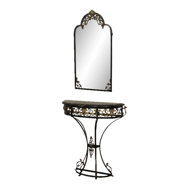 1920s Art Deco Oscar Bach Style Marble Top Wrought Iron Console & Mirror - Set of 2 For Sale