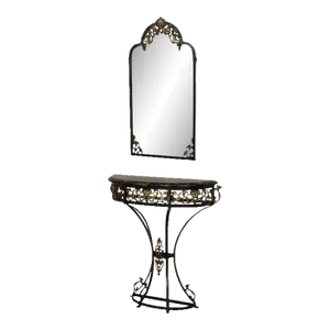 1920s Art Deco Oscar Bach Style Marble Top Wrought Iron Console & Mirror - Set of 2