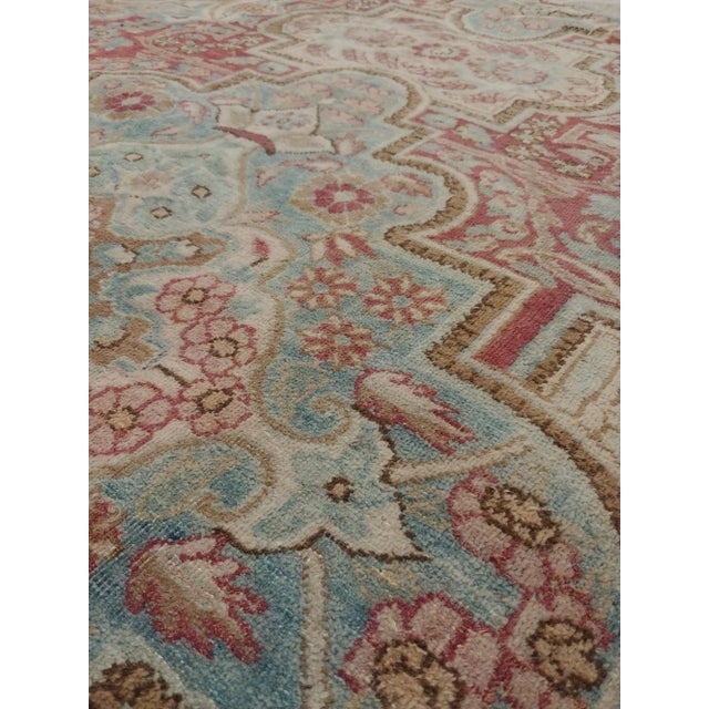 Antique Kerman Handmade Persian Wool Light Blue, Beige & Coral Rug For Sale In New York - Image 6 of 10