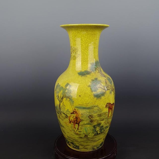 Early 20th Century Chinese Ceramic Qing Dynasty Qianlong Marked Yellow Ground Crackle Glaze Porcelain Vase Hand Painted Twelve Chinese Zodiac Signs Pattern For Sale - Image 5 of 6