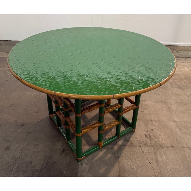 Modern Vintage Green Faux Bamboo & Rattan Round Coffee Table For Sale - Image 3 of 7