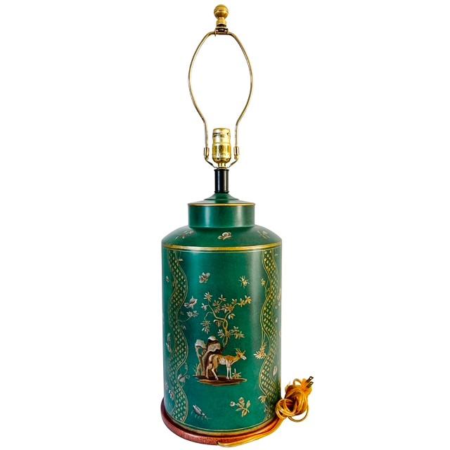 1970s Large Frederick Cooper Emerald Green Hand-Painted Green Tole Chinoiserie Table Lamps - A Pair For Sale - Image 9 of 17
