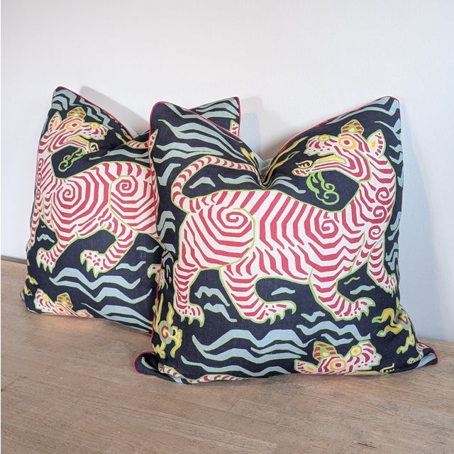 Clarence House Tibet Tiger 22" Pillows in Navy With Pink Micro Cord For Sale In Greensboro - Image 6 of 11