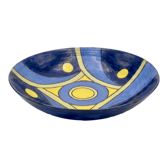 Large 13" Postmodern Geometric Sgraffito Ceramic Centerpiece Bowl by Cindy Walker (2003) For Sale