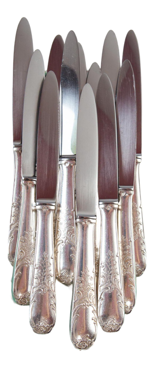 French Louis XV Style Dessert or Entremets Knives in Silvered Metal and Stainless Steel, 1940s, Set of 12
