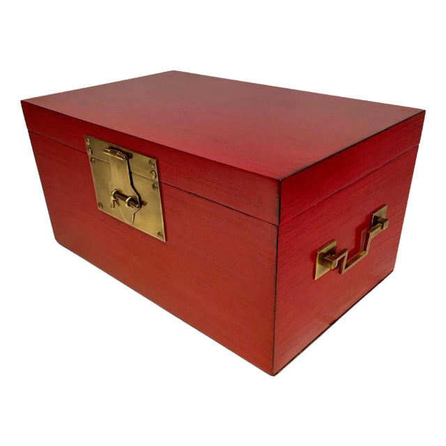 Chinese Red Lacquered Box With Brass Mounts, Mid 20th Century For Sale