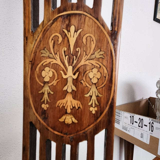 Victorian Antique Parisian Armchair, Side / Parlor, Gilt Floral Inlaid Medallion & Gilt Lined Frame French Victorian Original Satin STripe Uphostery - Few Flaws For Sale - Image 3 of 16