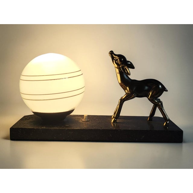 Art Deco Night Light with Fawn Motif, Gilt Spelter and Blue Opaline Globe, France, 1930 For Sale - Image 6 of 8