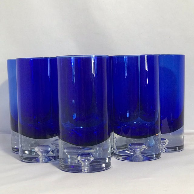 Block Crystal Cobalt Blue & Clear Bubble Bottom High Ball Glasses Set