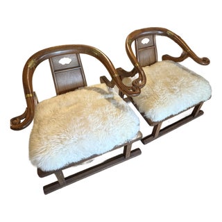 Pair of Baker “Far East Collection” Style Carved Wood Armchairs, Circa 1960s For Sale