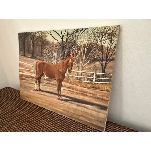 Mid 20th Century Mid Century Oil Painting of a Chestnut Horse in a Idyllic Winter Landscape For Sale - Image 5 of 6