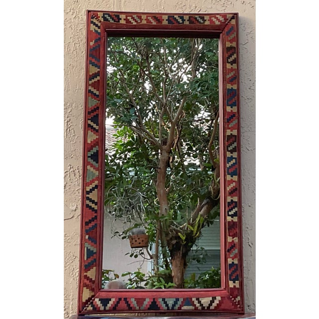 1930s Handcrafted Antique Kilim Rug Wall Mirror/ Bohemian Geometric , Woven , Rustic For Sale - Image 5 of 14