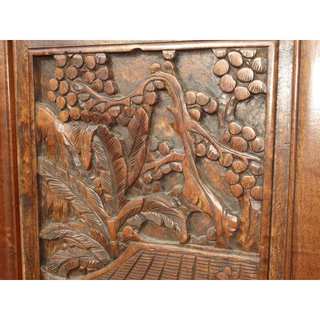 Vintage Oriental Asian Brown Hand Carved Wood Four Panel Screen ~ Room Divider For Sale - Image 14 of 17
