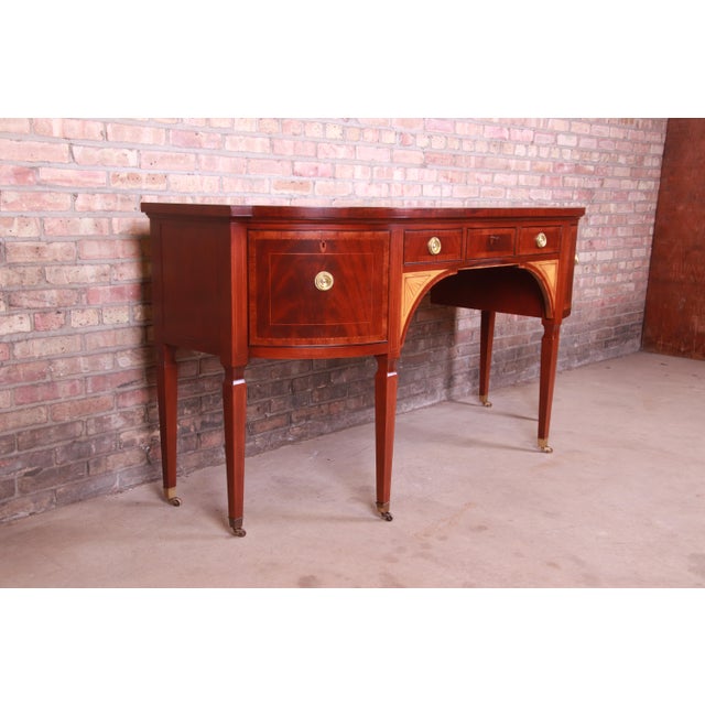 1980s Baker Furniture Stately Homes Sheraton Bow Front Inlaid Mahogany Sideboard For Sale - Image 5 of 13