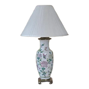 1990s Large Chinoserie Porcelain Floral Table Lamp With Shade