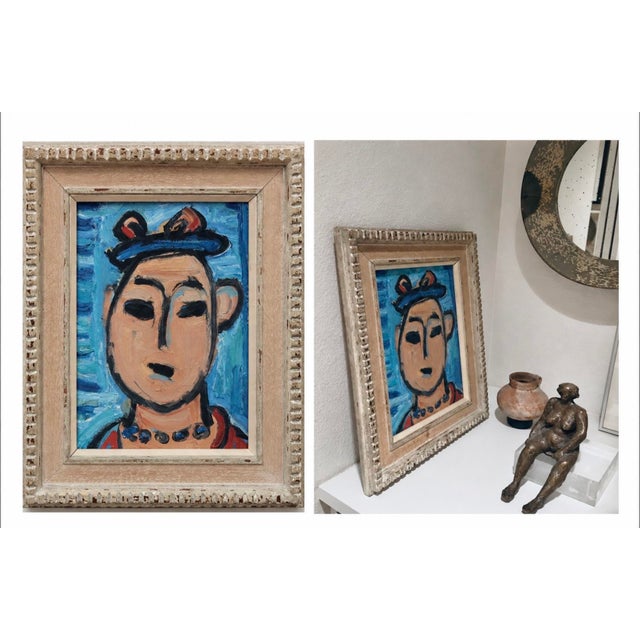 Portrait of a woman in the manner of artist George Rouault (French 1871-1958). Oil on canvas handsomely framed in a white...