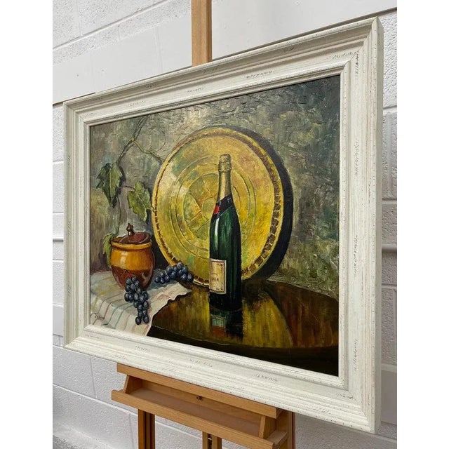 Vintage Champagne Bottle With Grapes Still Life Oil Painting by 20th Century Artist, 1985 Circa For Sale - Image 4 of 12