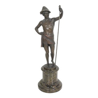 13" Signed 1910s Hans Keck German Bronze Shepherd Statue, Antique Berlin School Fine Art Sculpture, Executive Desk Decor, Library Mantel Gift For Sale