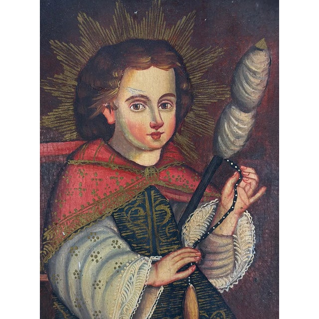 Antique Peruvian Colonial School Religious Portrait in Carved Giltwood Frame For Sale - Image 4 of 5