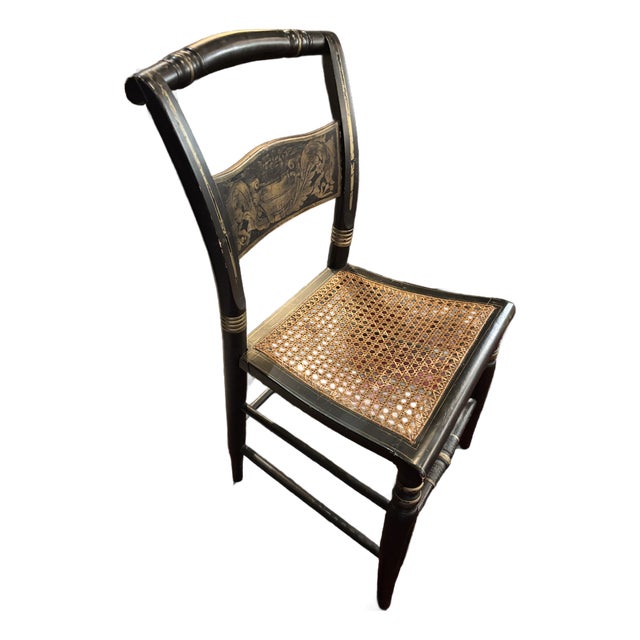 Antique Hitchcock-Style Black & Gold Stenciled Caned Side Chair [Gm] For Sale