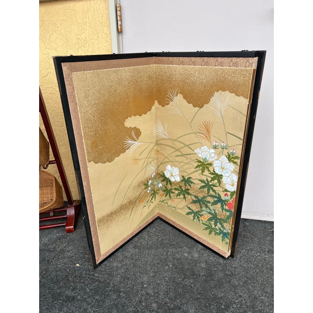 Late 19th Century Vintage Japanese Asian 4 Panel Boybu Folding Screen For Sale - Image 5 of 10