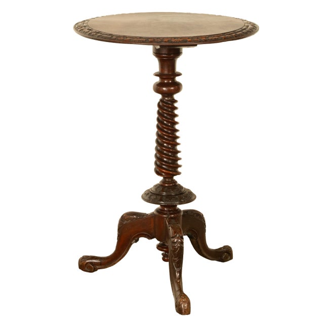 Mid 19th Century Antique Irish Carved Burl Walnut Spiral Twist Pedestal Tripod Wine Table 1860 For Sale - Image 5 of 18