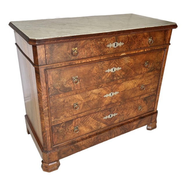 Late 19th Century French Louis Philippe Burled Walnut and Marble Top Chest of Drawers Commode For Sale