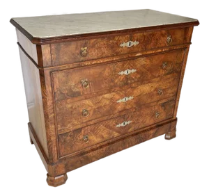 Late 19th Century French Louis Philippe Burled Walnut and Marble Top Chest of Drawers Commode