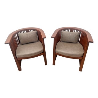 Rare Set of Stickley Lounge Chairs Spindle Barrel Back Solid Cherry Leather Seat For Sale