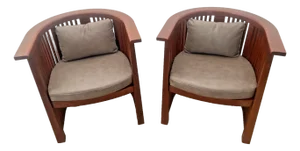 Rare Set of Stickley Lounge Chairs Spindle Barrel Back Solid Cherry Leather Seat