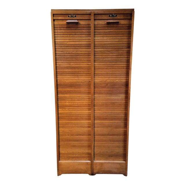 Vintage French Oak Tambour Cabinet, 1960s For Sale