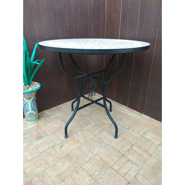 Moroccan Contemporary White Round Iron Table With Mosaic Artwork For Sale - Image 3 of 8