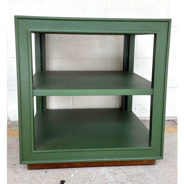 Original retail $2360, stylish Made Goods Modern Green Faux Ostrich Adeen Side Table, wood base, showroom floor sample