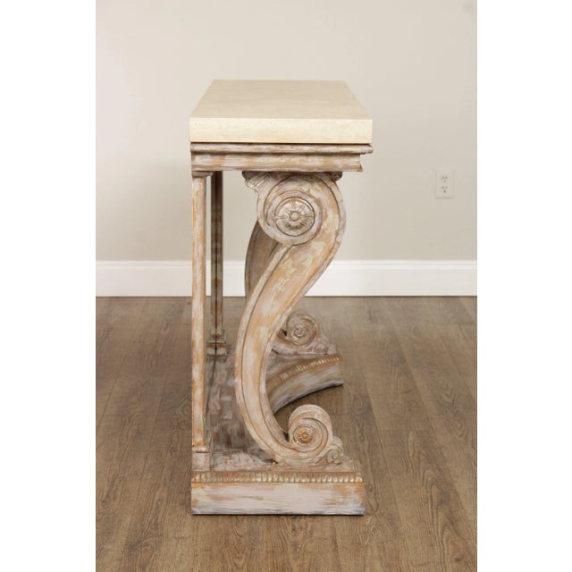 Cream Early 21st Century Niermann Weeks Attributed Neoclassical Empire Style Scroll Carved Travertine Top 'Blenheim' Consoles - A Pair For Sale - Image 8 of 12