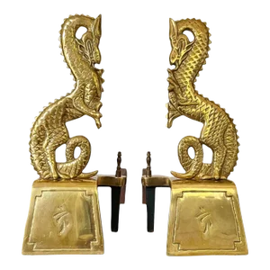 Vintage Asian Brass Dragon Andirons or Chenets - a Pair