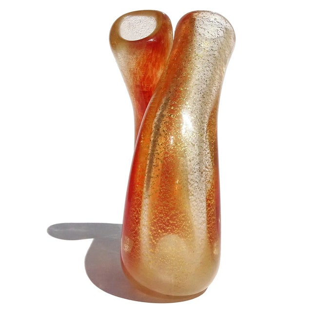 Seguso Murano Vintage Red Orange Gold Flecks Italian Art Glass Double Mouth Tube Flower Vase For Sale - Image 9 of 13