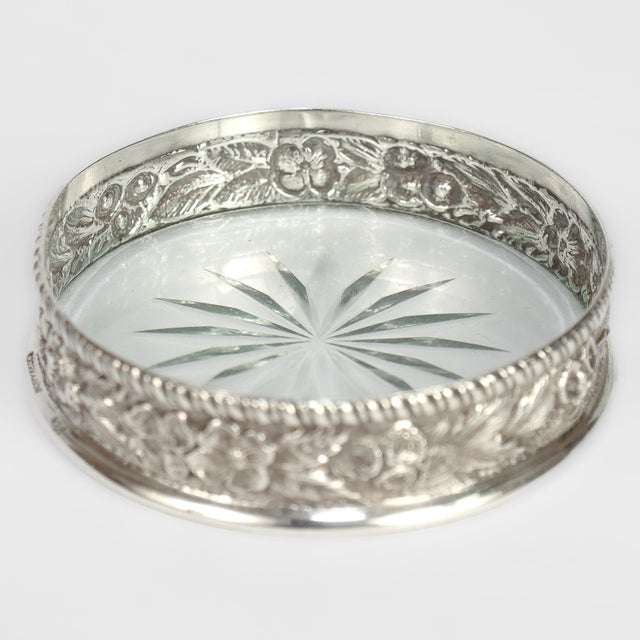 Antique Set of 8 S. Kirk & Son Repousse Sterling Silver & Cut Glass Coasters For Sale - Image 16 of 18