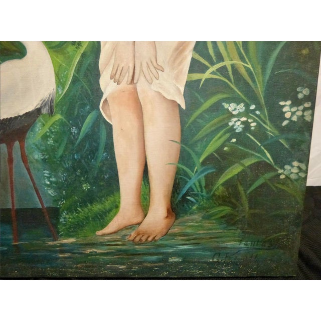 Wood Vintage G. Kraft Oil Painting of a Woman With a Bird - Titled “Fantasy” For Sale - Image 7 of 13