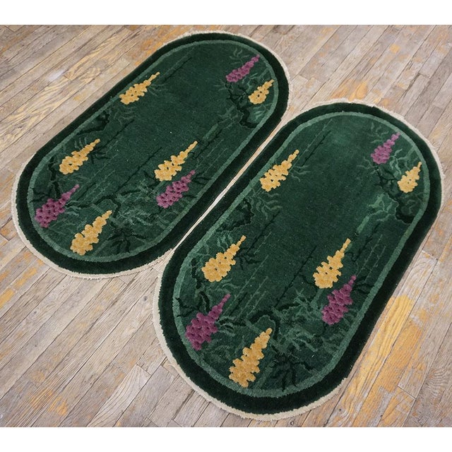 Beautiful Green Background Floral Pattern Pair of Antique Chinese Art Deco Rugs For Sale - Image 4 of 15