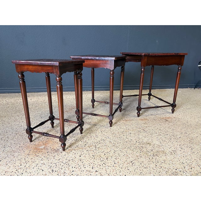 Antique Hand-Crafted Mahogany Nesting Tables With Leather Tops, 1910 For Sale - Image 14 of 17