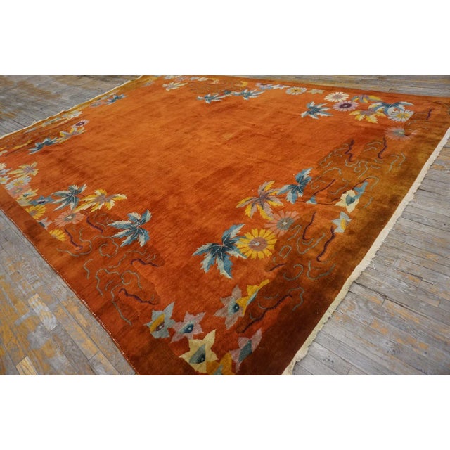 Striking Multi Color Daisies in a Floral Design With Orange-Terra-Cotta Ground Color Antique Chinese Art Deco Rug For Sale - Image 4 of 12