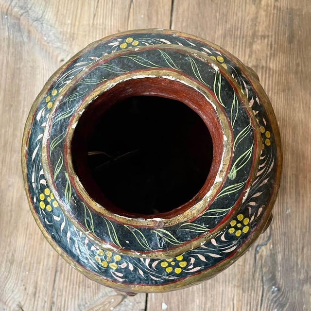 Black Papier Mache Folk Art Vase with Hand Painted Floral Decoration For Sale - Image 8 of 9