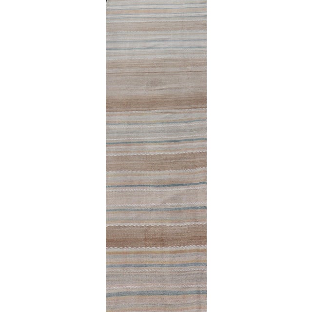 Traditional Vintage Turkish Kilim Runner Neutral Striped Beige Brown Wool Flatweave For Sale - Image 3 of 11