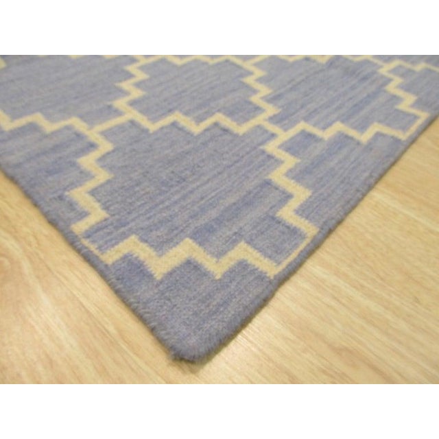 Contemporary 5x8 Blue Flat Weave Wool Stepped Diamond Lattice Geometric Modern Carpet Rug For Sale - Image 3 of 6