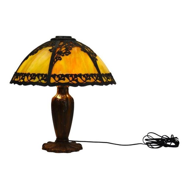 Antique Bradley & Hubbard School 6-Panel Slag Glass Lamp With Floral Motif C1920 For Sale - Image 9 of 12
