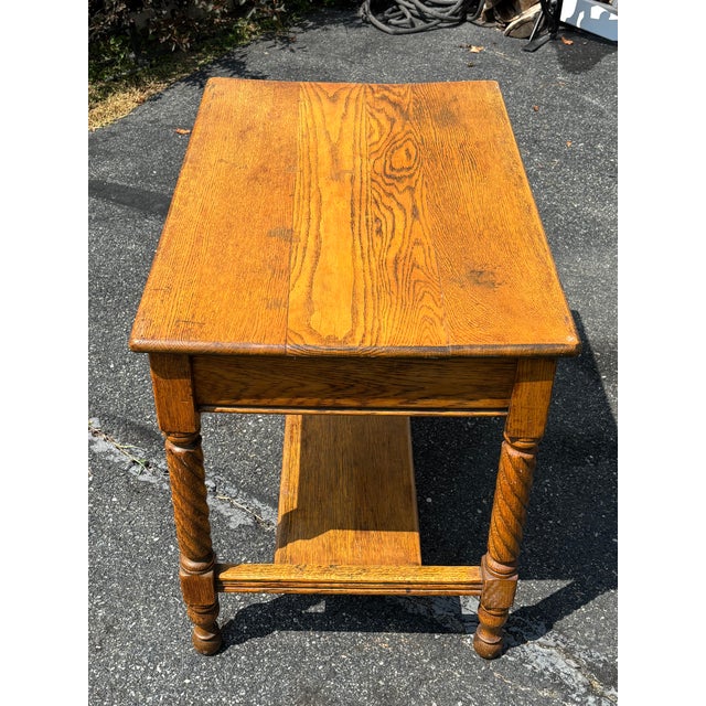 19th C. Tiger Oak One-Drawer Library Table - Twist Legs + Highly Detailed For Sale - Image 9 of 17