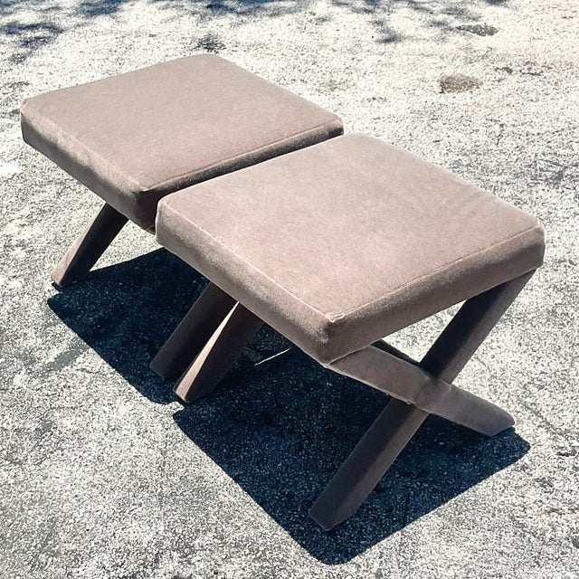 Late 20th Century Vintage Contemporary Mohair X Benches - a Pair For Sale - Image 5 of 8