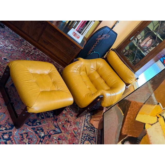 1970s Matching Lounge Chair and Ottoman by Percival Lafer, Mp-97, Brazilian Rosewood With Original Mustard Leather For Sale - Image 5 of 12